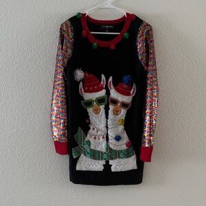 Festive Llama Sweater with Sequin Sleeves